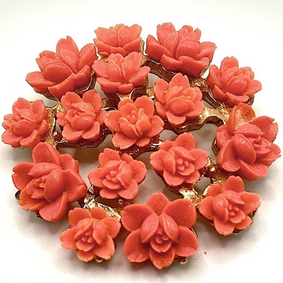 Jewelry - Vintage Coral Celluloid Rose Brooch Gold Floral